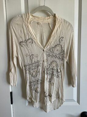 Anthropologie Tiny Brand Silk & Cotton Blend Top, Cream with Embroidered Design